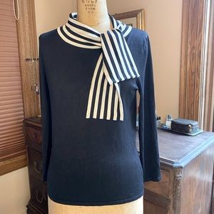 Wrapped stripe tie neck silk blend knit black sweater size small